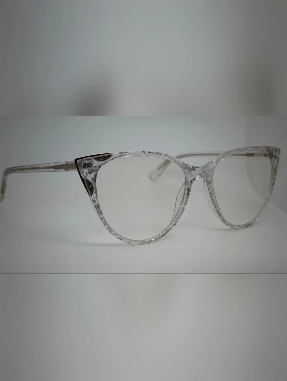 Celebrate. Clear Silver-Accent Cat Eye Womens Glasses. Rose Gold Corners.